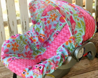 Owls and pink chevron infant Car seat cover and hood cover