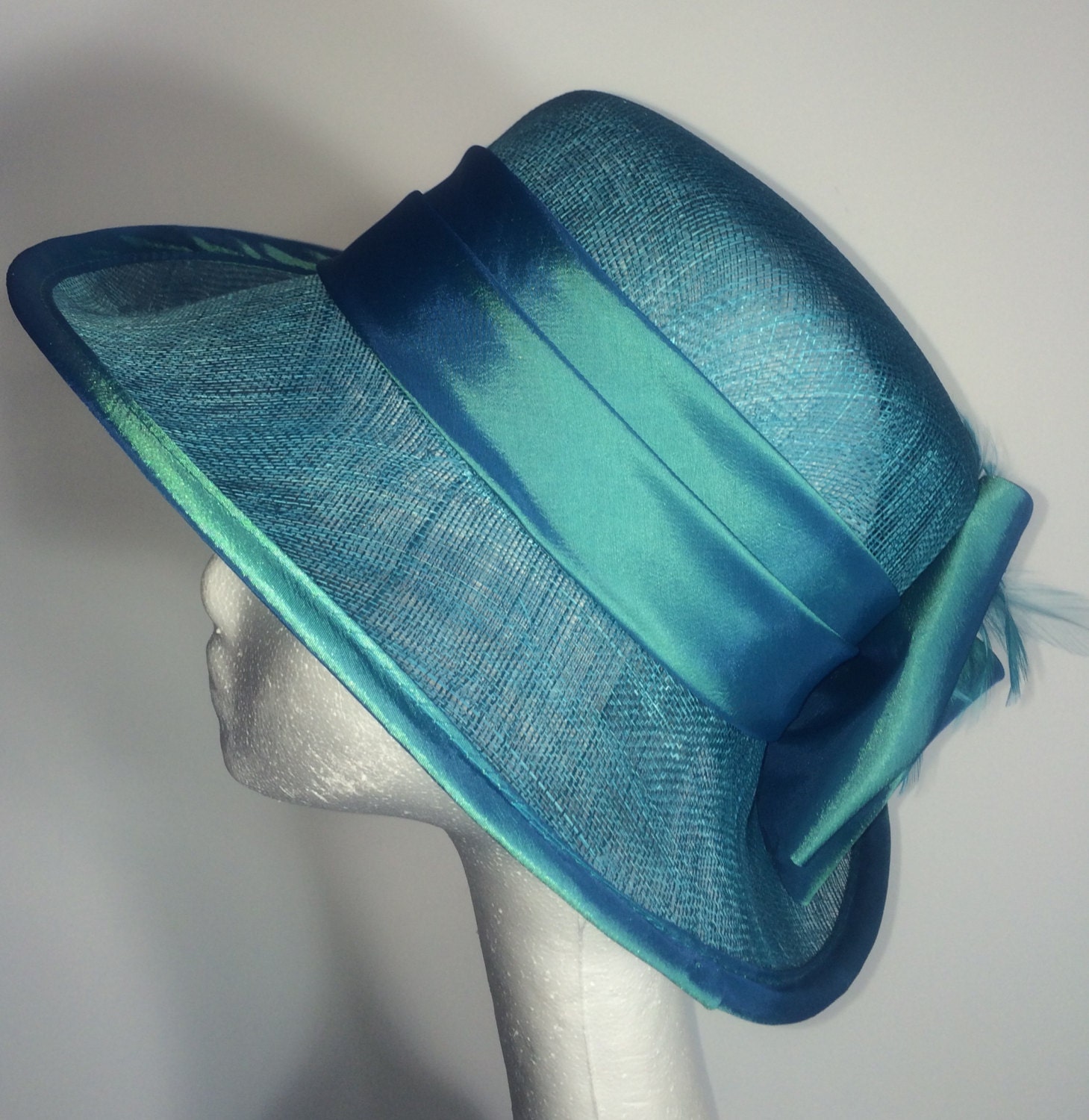 Teal Blue Hat with Satin Ribbon Kentucky Derby Hat Tea