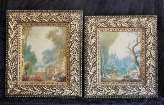 Giclee Prints Jean Honore Fragonard Rococo Genre Scenes A Game of Hot Cockles Horse and Rider Ornate Carved Gesso Gold Gilt Frames