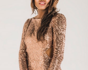 Rose gold sequin prom dress, sequin prom dress, backless sequin prom dress, rose gold sequin backless prom dress, cut out sequin prom dress