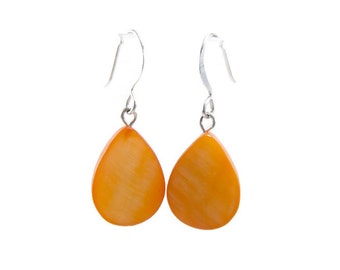Bright Orange Mother of Pearl Teardrop Earrings, Lightweight Earrings, Bright Orange Summer Earrings, Mother of Pearl Jewelry