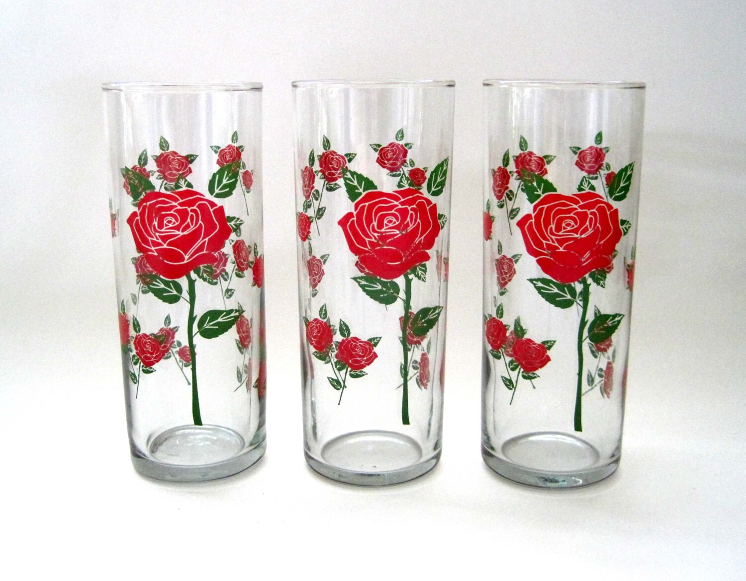 Set of 3 Red Rose Iced Tea Glasses c. 1950 Red Highball