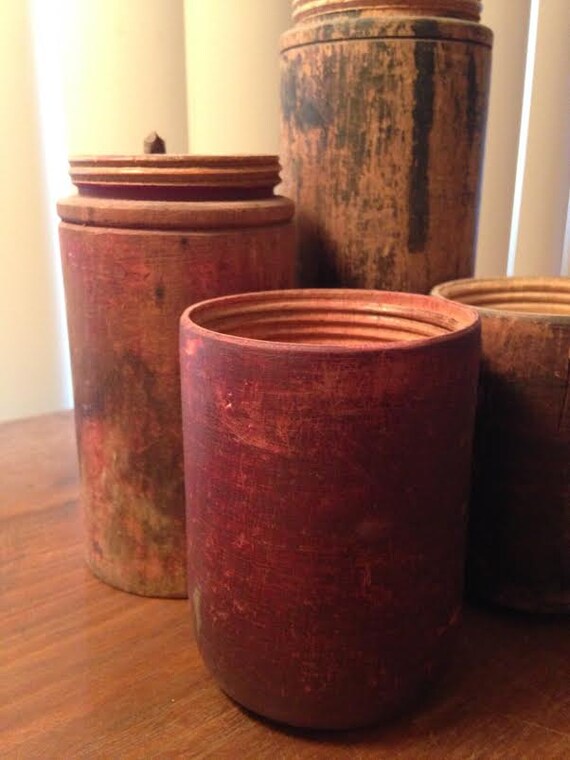 OLD Vintage Set of 2 Rustic Wooden Cylinder Drill Bit Holder