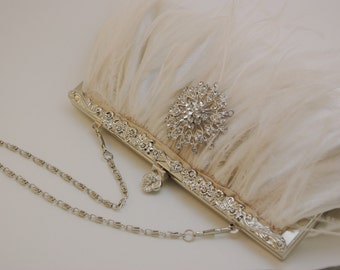 Bridal Clutch, Ivory Feather 1920s Bridal Handbag, Ostrich Feather Clutch, Crystal Clutch, Ivory Wedding Handbag, Bride Personalized Clutch
