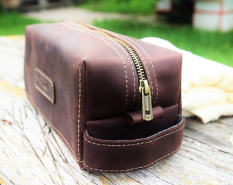 Personalized Travel Bag for Him/Leather men's toiletry bag /Waxed Leather Kit /Groomsman Gift/Dark Coffee Brown Bag/ Free Personalization