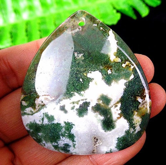 Green and White Moss Agate 49mm Gemstone Pear by PortsofCall