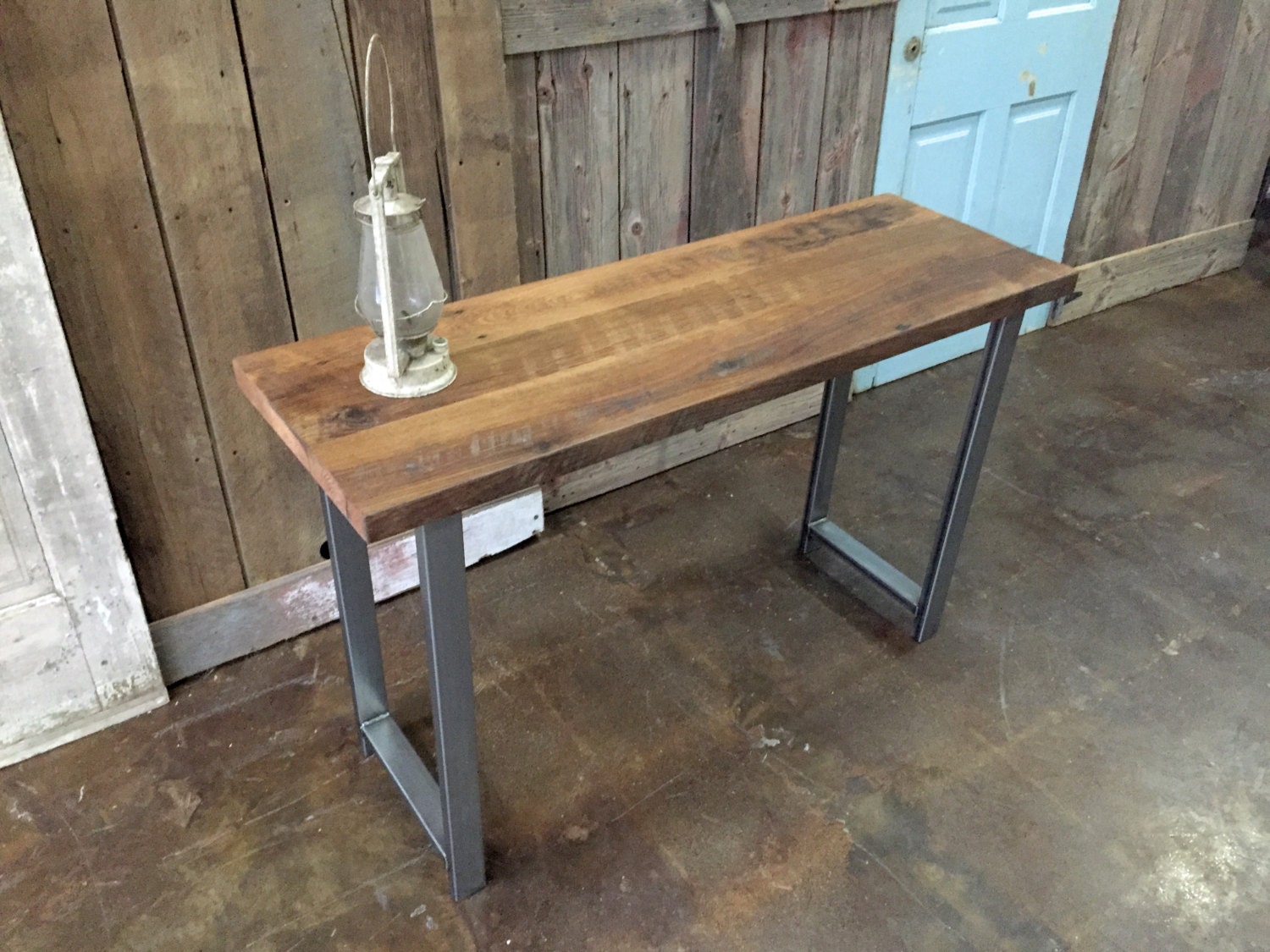 Reclaimed Barn Wood Console Table With Steel Metal Base - Reclaimed Wood Console Table / Industrial H-Shaped Metal Legs / 16