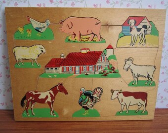 Vintage Wooden Simplex Jigsaw Puzzle Craft Supply Farm Animals Chicken Pig Dog Goat Cow Turkey Horse Sheep Girl Boy Children Child Toy 1960s