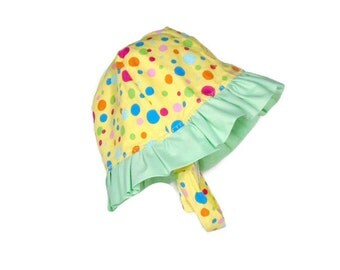 Toddler sun hat, 12 to 36 months, childs Easter hat, childs beach hat, yellow dotted sunhat, children's hat, ruffle brim hat, chinstrap hat
