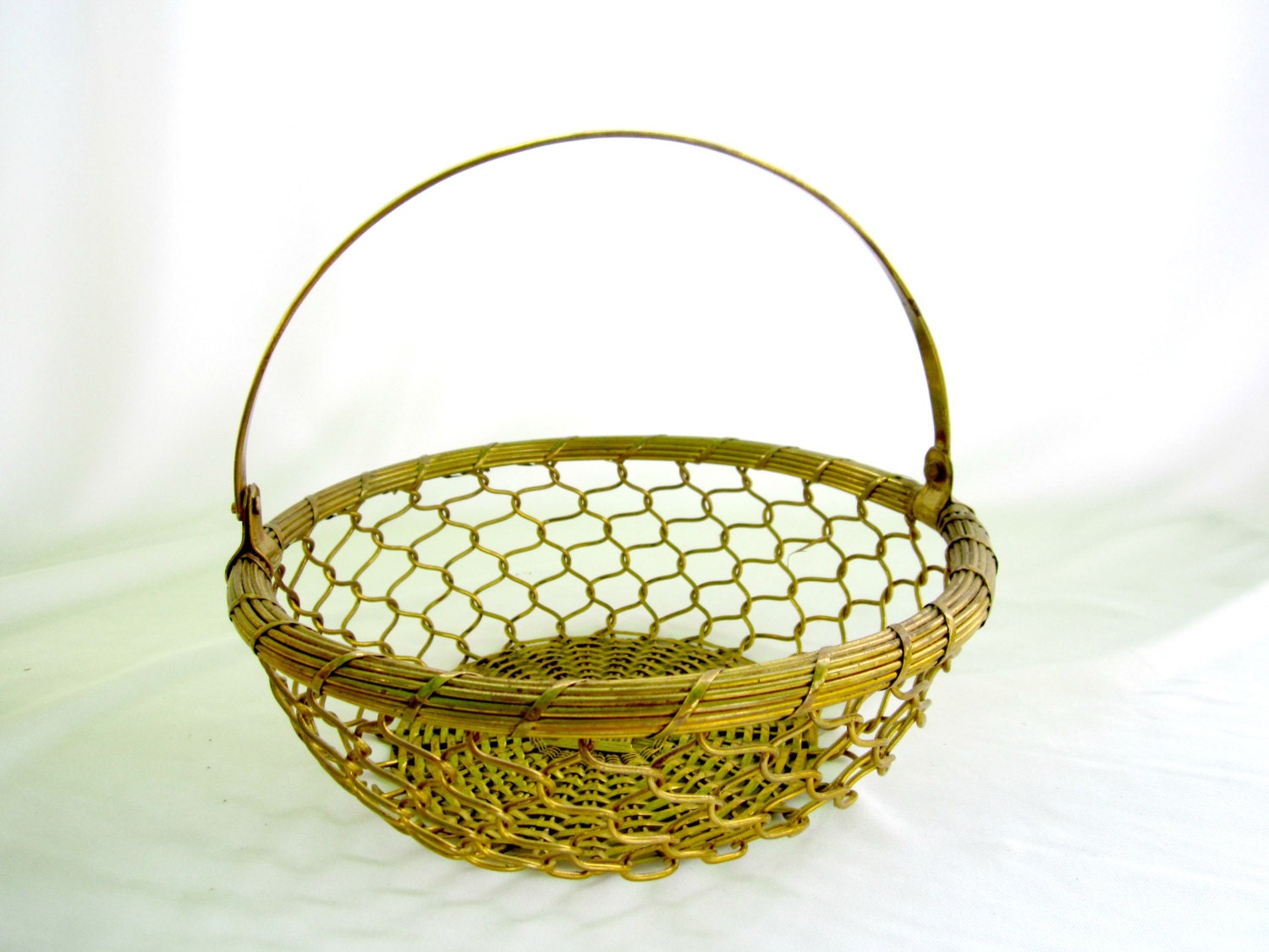 Small Metal Basket Gold Toned With Swing Handle Chain Linked