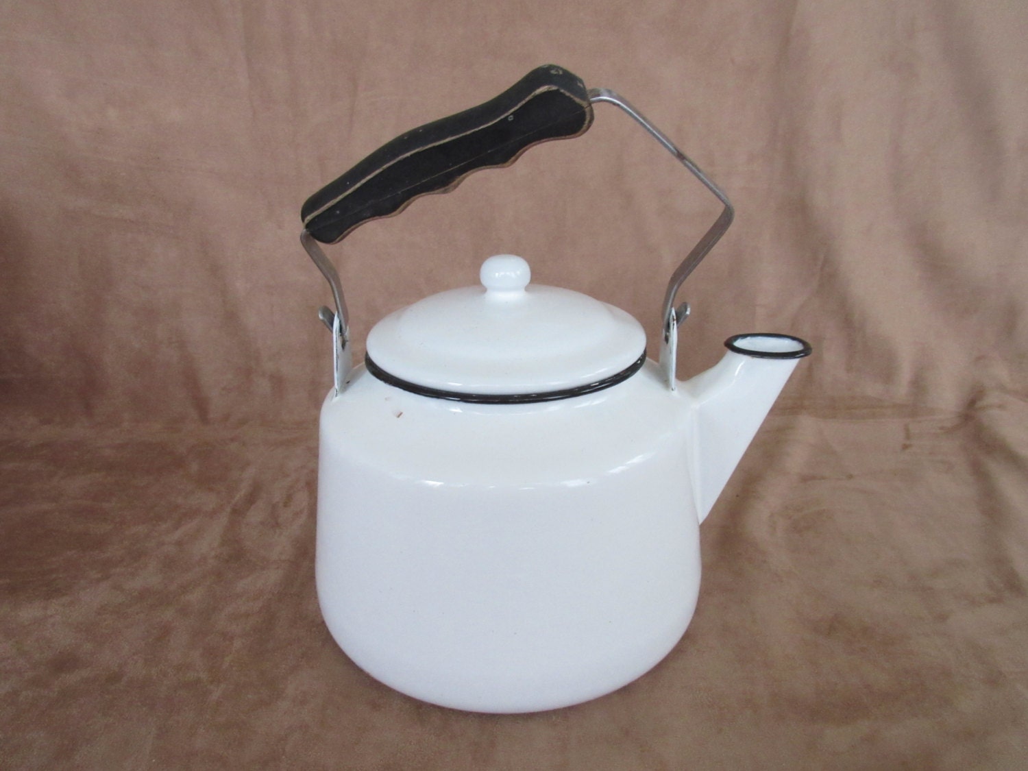 Vintage Enamel Tea Pot Tea Kettle White with Black Rustic