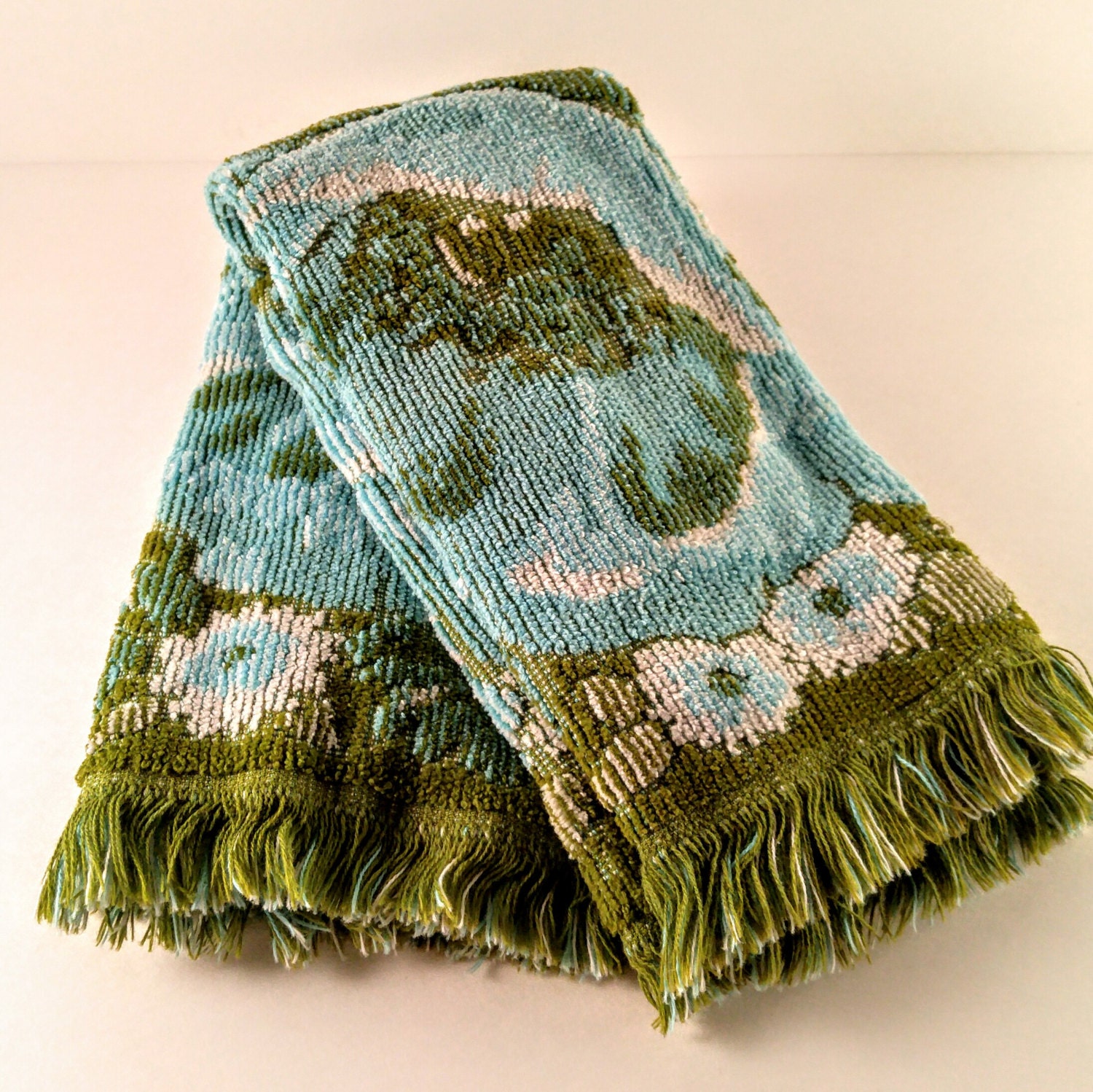 Fieldcrest Hand Towels. Turquoise and Green Damask Carved