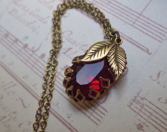 Art Nouveau ~ Garnet Necklace ~ Marsala ~ Pendant ~ Vintage Glass ~ Small Burgundy Pendant ~ January Birthstone ~ by LadyofTheLakeJewels