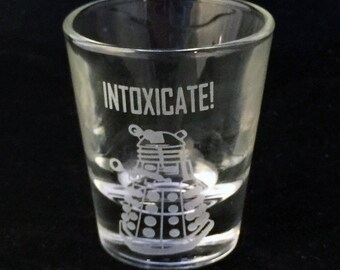 Fan Art Intoxicate Dalek Dr doctor Who Inspired Custom Etched Shot Glass Blue Police Box