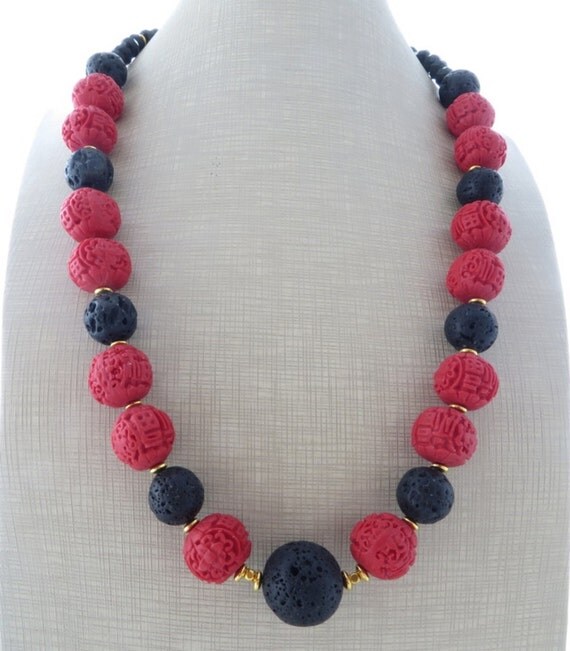 Red cinnabar necklace black lava necklace chunky necklace