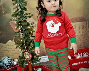 Unisex Children Kids Red and Green Striped Pajamas, Matching Christmas Pajamas, Pajamas with Santa, Christmas Pajamas, Red and Green