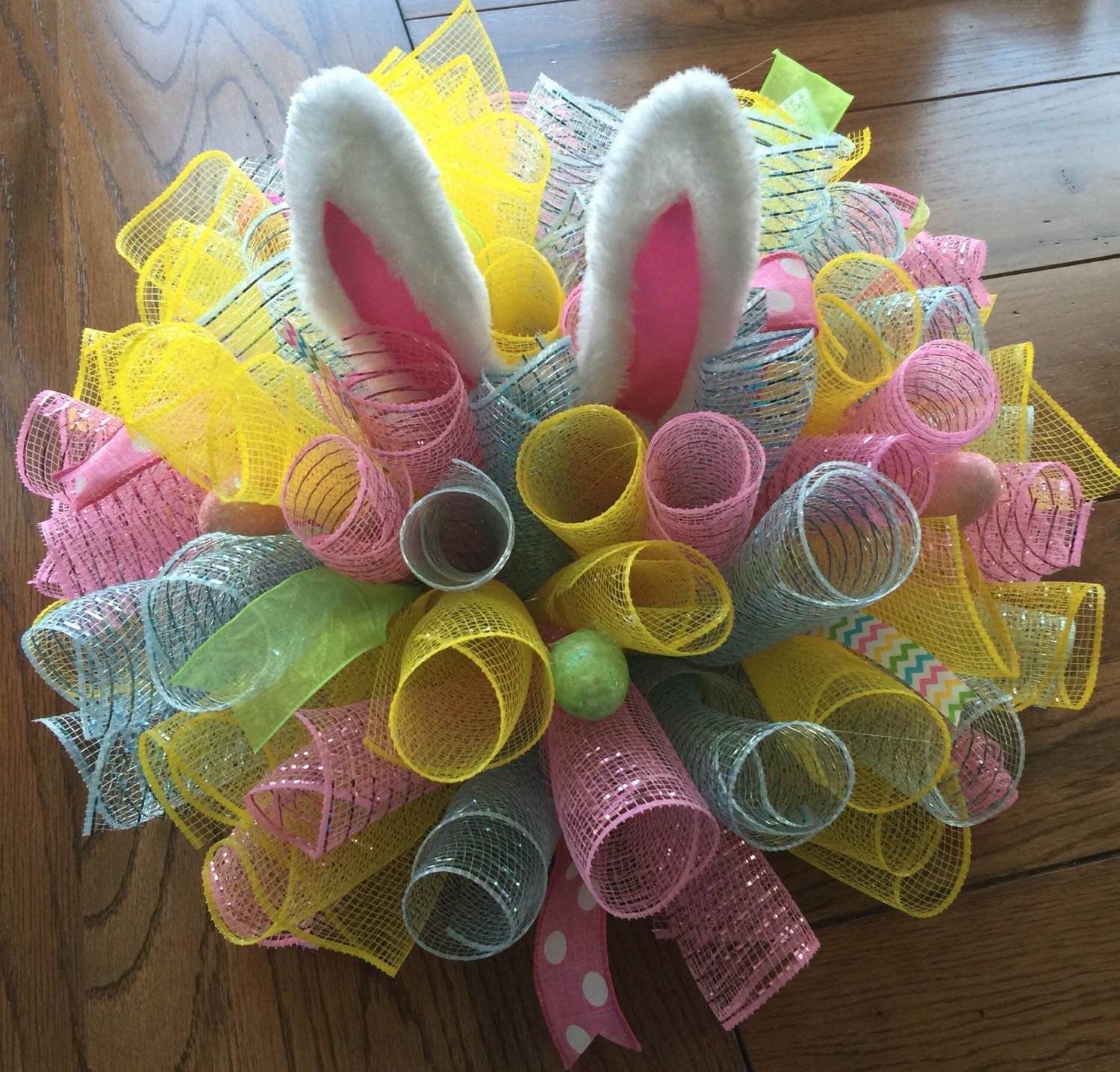 Easter Centerpiece in Deco Mesh with Bunny Ears by WreathsUrWay