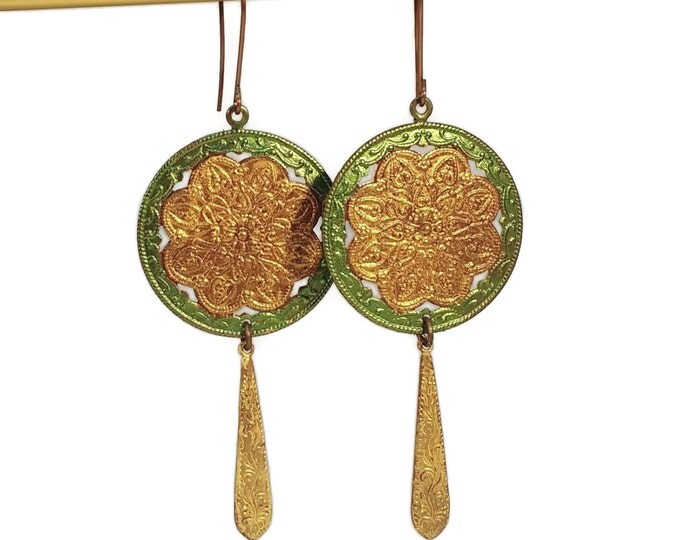 Viola Scrollwork Green & Gold Brass Shoulder Duster Earrings Nickle and Lead Free Ear Wires Hypo Allergenic Dangle Drop