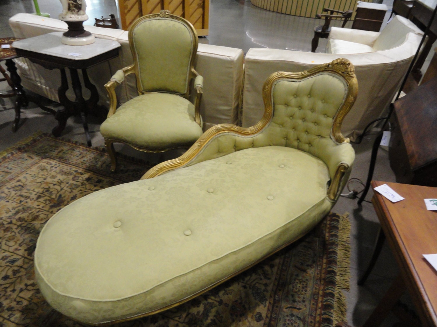 Faboulous Antique French Fainting Sofa Light Green Uhpolstery also