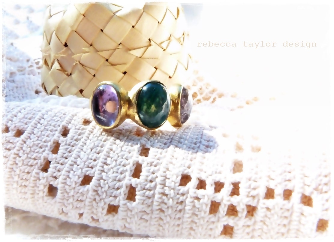 Gold Trinity Ring of Jade and Tourmaline crystals handmade