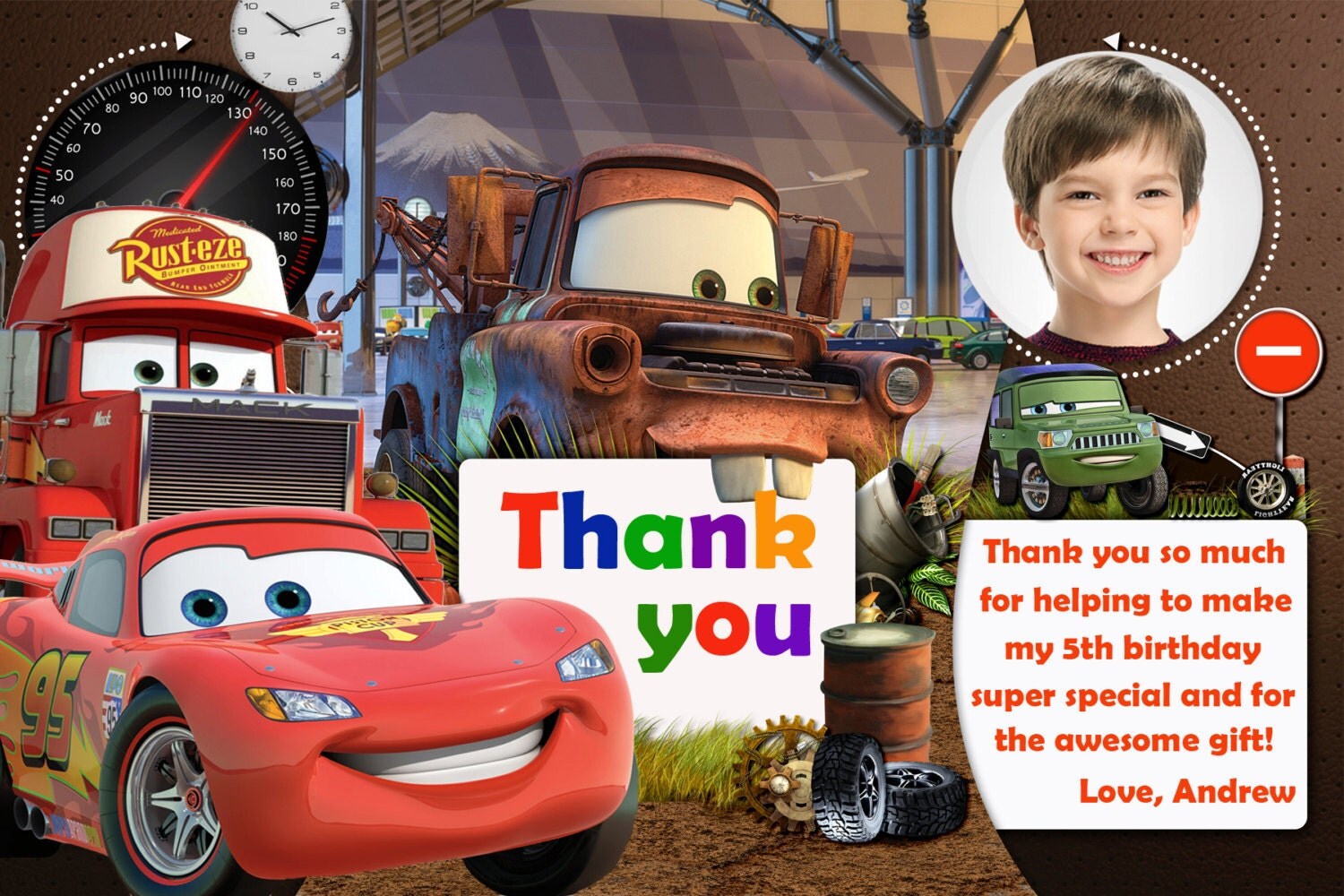 Disney Cars thank you card Disney Cars birthday card cars