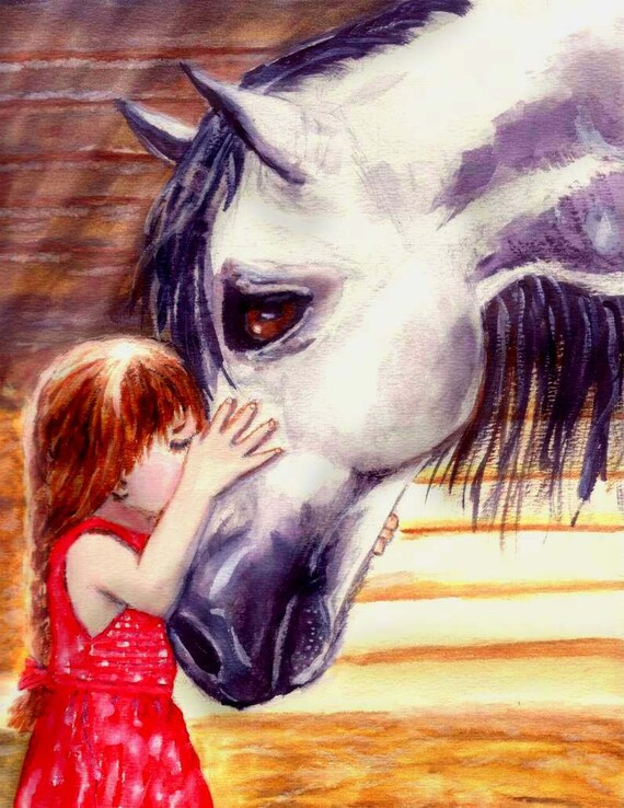 Horse Watercolor Print Little Girl Loves Horse ACEO Print