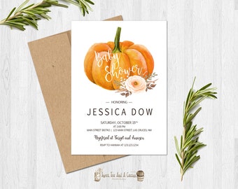 Pumpkin Baby Shower Invitation Fall Autumn Blush Pink Peach Floral Printable Digital File or Prints with Free Shipping Elegant