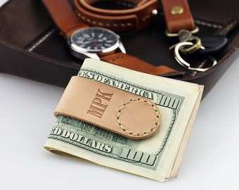 Magnetic money clip leather Money clip personalized Tan leather money clip Magnetic cash holder Initials money clip vegetable tanned