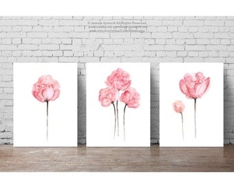 Peony Shabby Chic Watercolor Painting, Pink Nursery Floral Wall Decor, Three Flowers set Watercolor Painting, set 3 Art Print Peonies Poster
