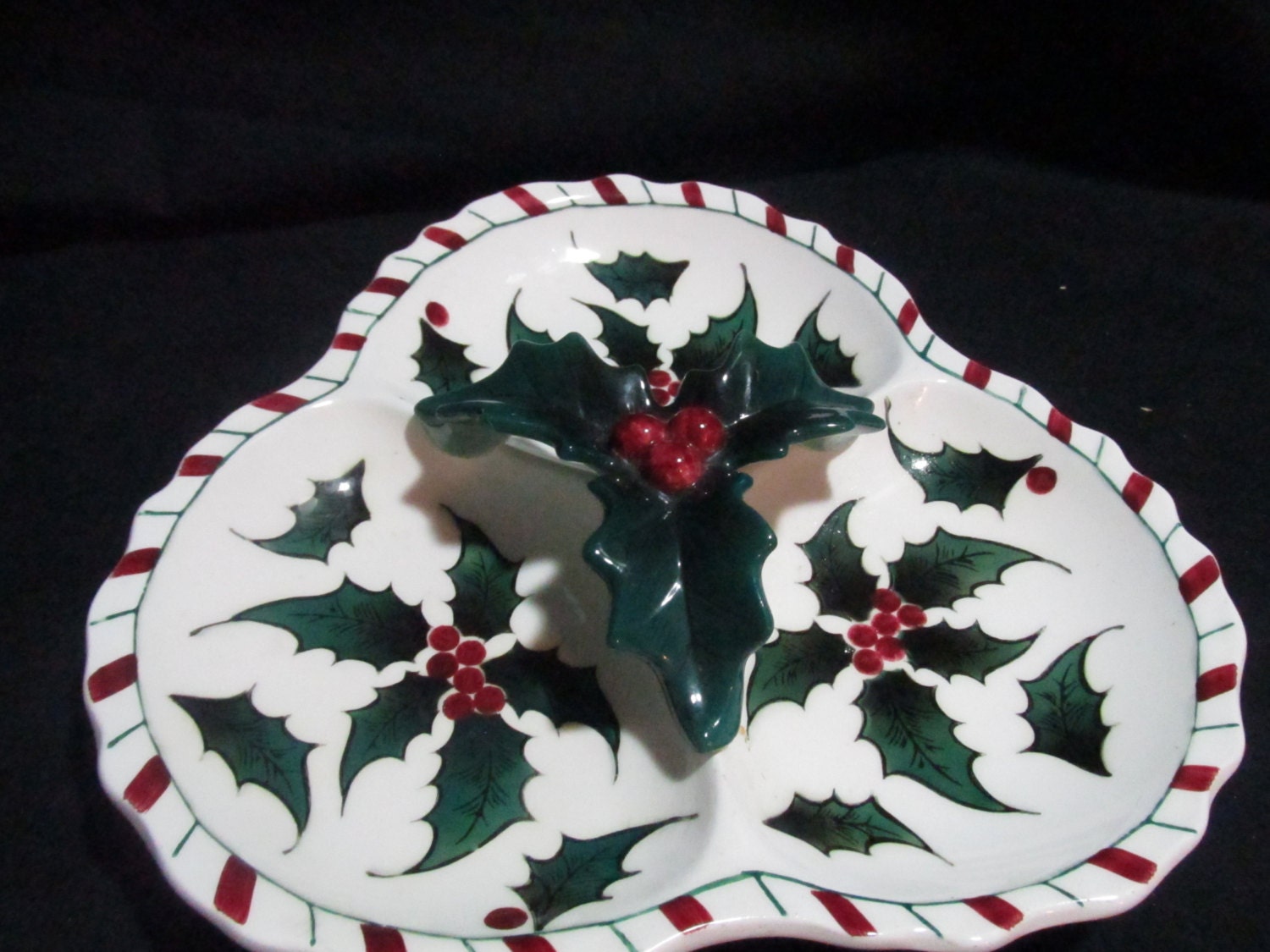 three section candy dish Lefton Christmas by FredsDiscoveries