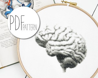 Modern cross stitch pattern BRAIN anatomical hand embroidery design, organ cross stitch brains, gobelin wall decor pillow counted chart pdf