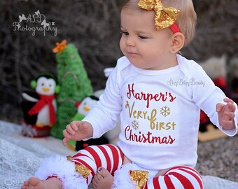 My Very First Christmas - Girls Christmas Outfit - Red And Gold - Personalized Embroidered Bodysuit - First Christmas Bodysuit - Leg Warmers