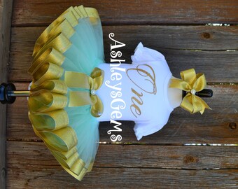 Gold and Mint, Gold One Onesie, Teal Tutu, One Year Old Girl Birthday Outfit, Gold First Birthday Outfit, Mint Baby Dress, Mint Tutu