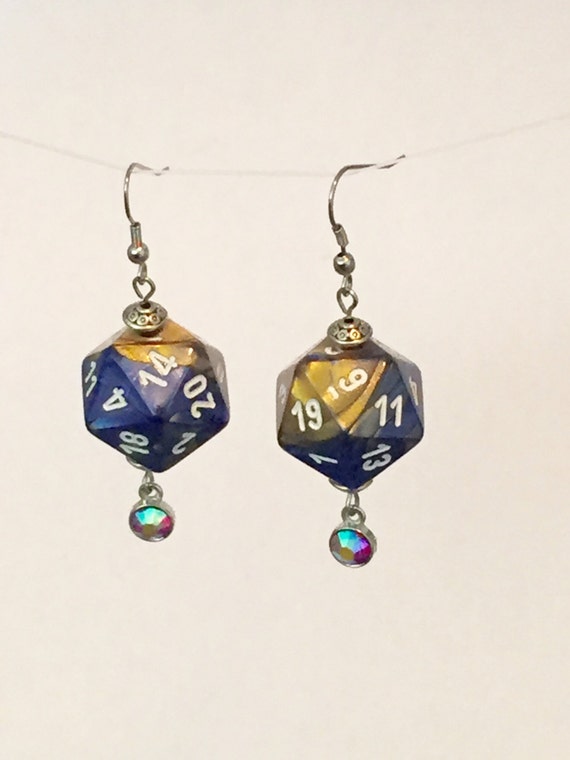 Gold Blue w/white d20 Dice Handmade Earrings by ZombieKittenDesign