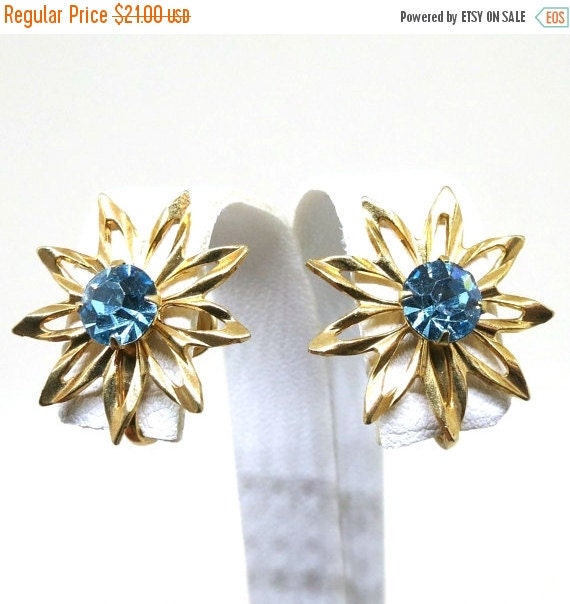Blue Floral Earrings - Vintage, P&F Signed, Gold Tone, Blue Rhinestone ...
