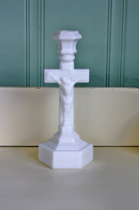 Milk Glass Crucifix Candlestick Holder Religious Candle Holder