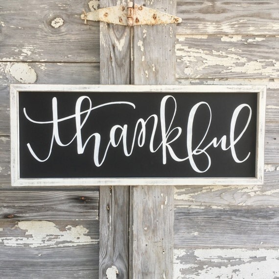 Items similar to Thankful wood sign 12x24in // hand lettered hand ...