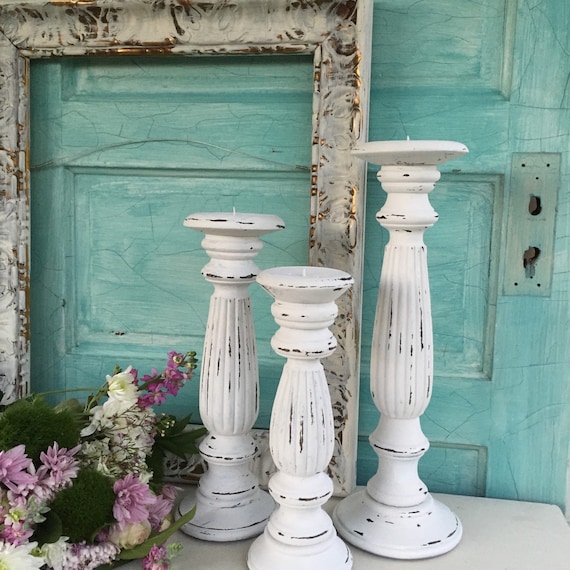 White Distressed Candle Holders Shabby Chic Tall French