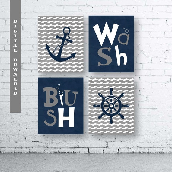 Navy and Grey Nautical Bathroom Wall Art Prints Set of Four