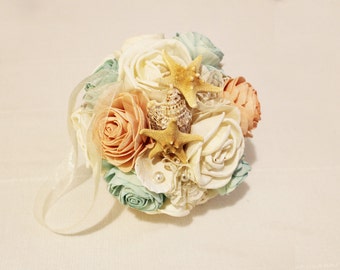 Wedding Kissing ball with sea shells and starfish , Wedding Cream White Fabric Bouquet, Sola flowers