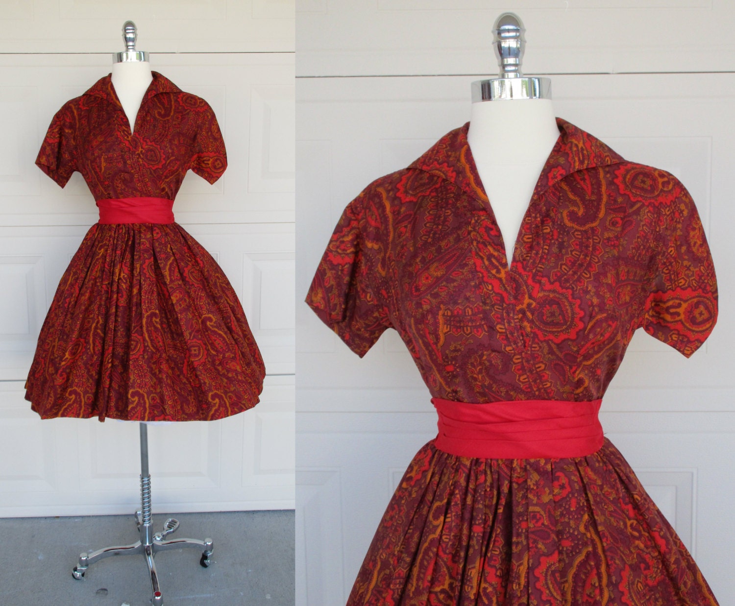 VTG Mr Mort Red Paisley Dress Full Skirt Lg by GeekGirlRetro