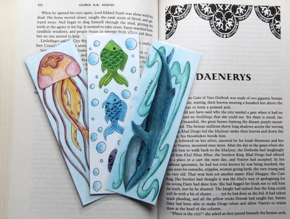 ocean life art bookmarks laminated print 2x6in original