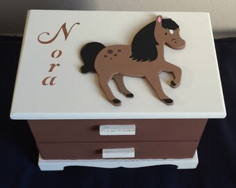 Personalized jewelry box with horse brown cream hedgehog jewelry organizer customized wooden box with mirror and drawer gift for little girl