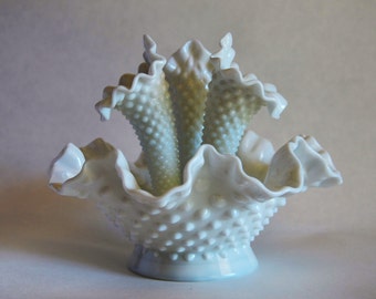Vintage Fenton Hobnail 4 Piece Milk Glass Epergne Vase!