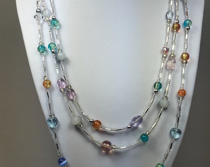 Multicolored necklace, color necklace, triple strand necklace, crystal necklace, beaded necklace, summer necklace