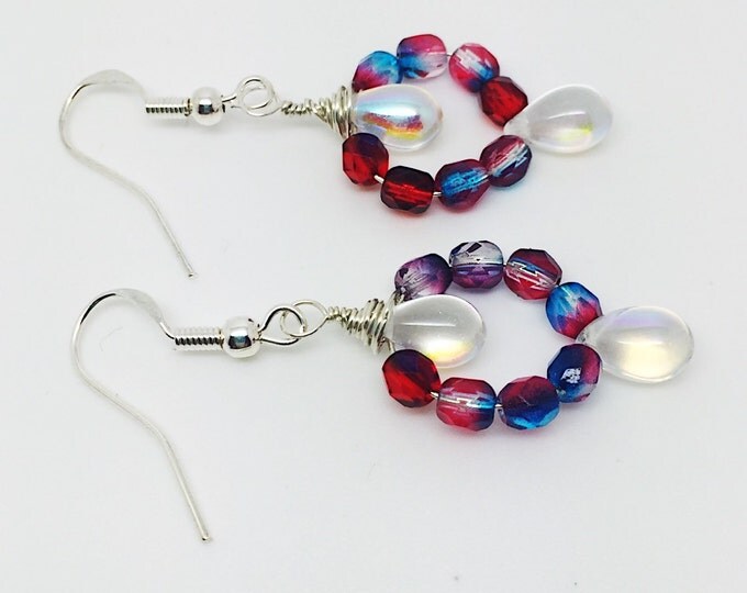 Red and blue earrings, two tones drop, blue crystal jewelry, teardrop crystal earrings