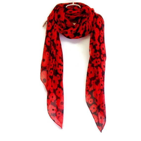 Small Red Poppy Black Scarf / Spring Summer Scarf / Gift For