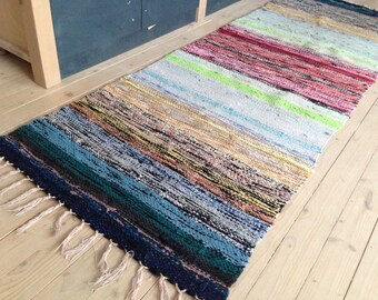 Swedish Vintage long Rag rug Woven rag rug Striped multicolored striped rug Woven Scandinavian handmade rug