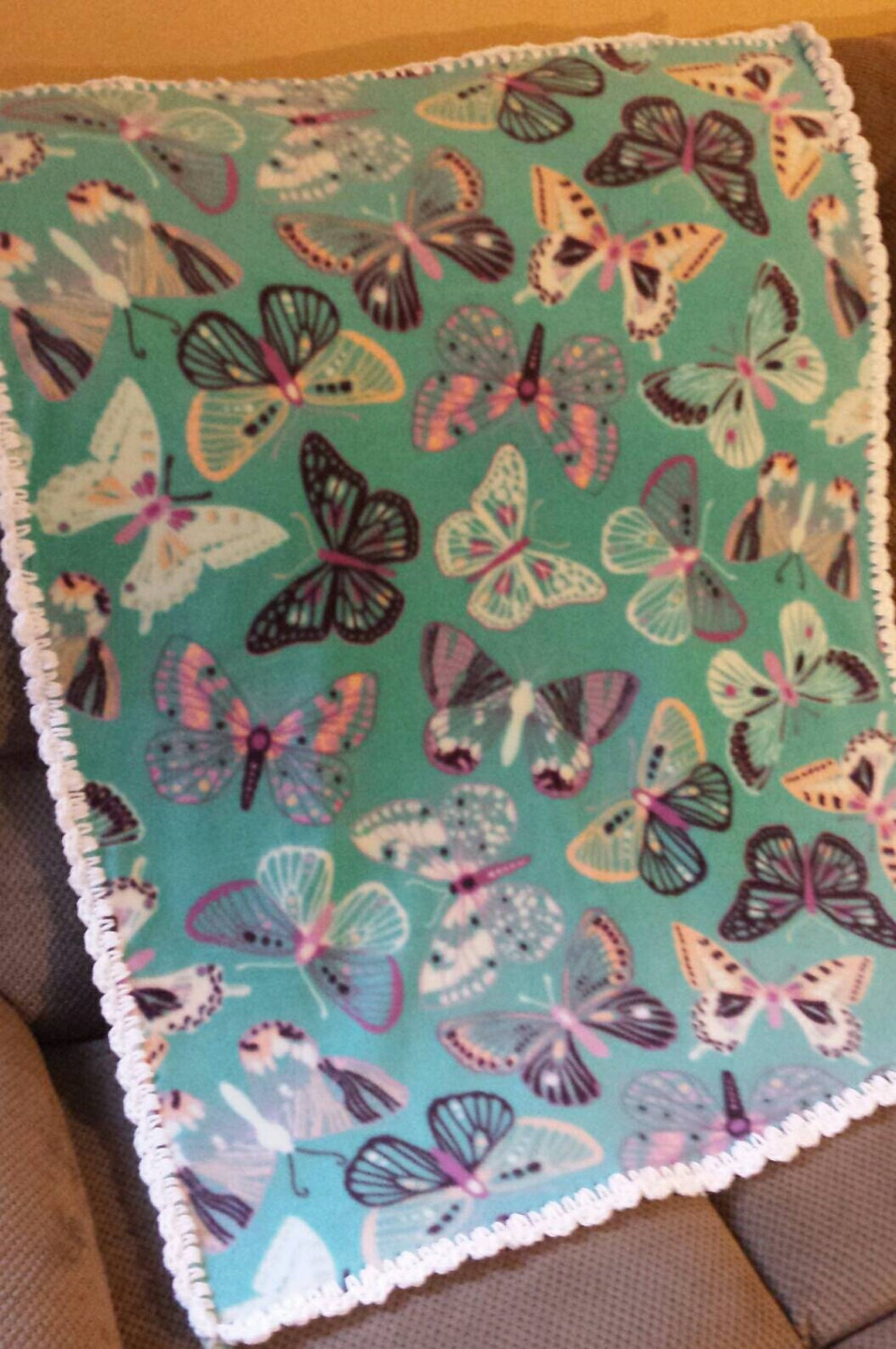 Butterfly Fleece Baby Blanket. Teal Lavender and White Fleece