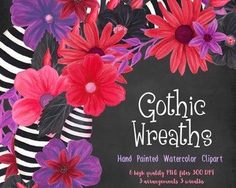 watercolor wreath clipart, gothic flowers clip art, florals for invites handpainted, watercolor wedding graphics, goth red black and purple
